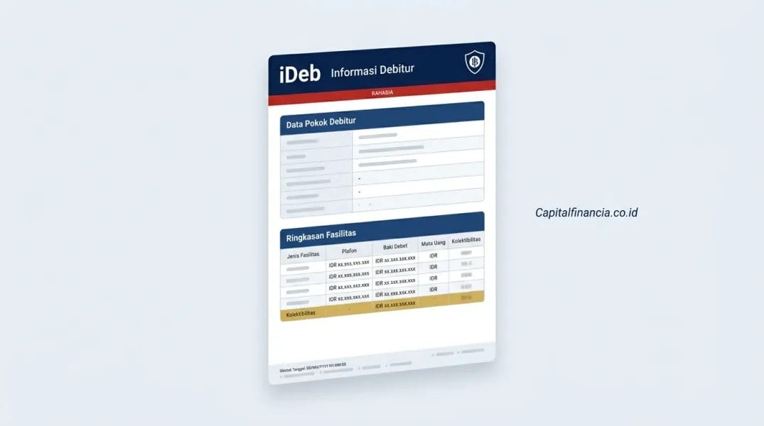 Ilustrasi anatomi struktur laporan iDeb SLIK OJK menampilkan komponen Data Pokok Debitur dan Ringkasan Fasilitas kredit.