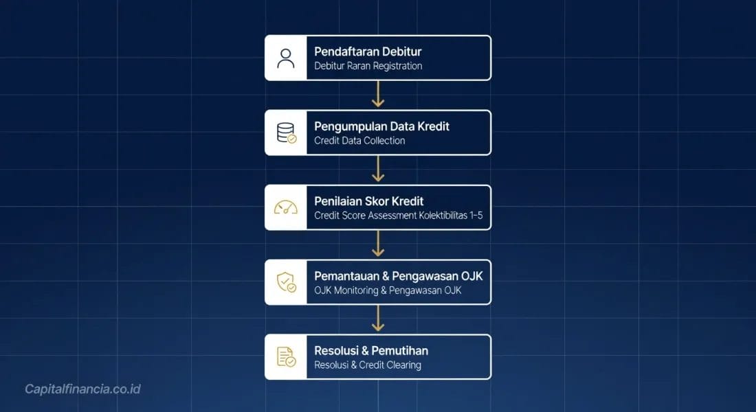 Diagram alur mekanisme penilaian skor kredit BI Checking dan tahapan pemutihan SLIK OJK.